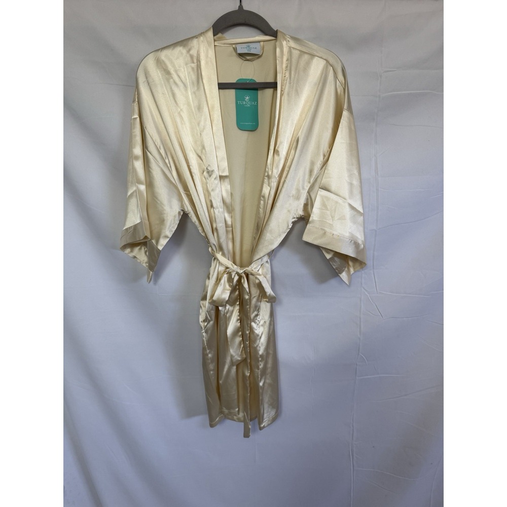 NEW Turquaz Linen‎ Satin Short Kimono Bride Lingerie Robe Ivory Size S/M